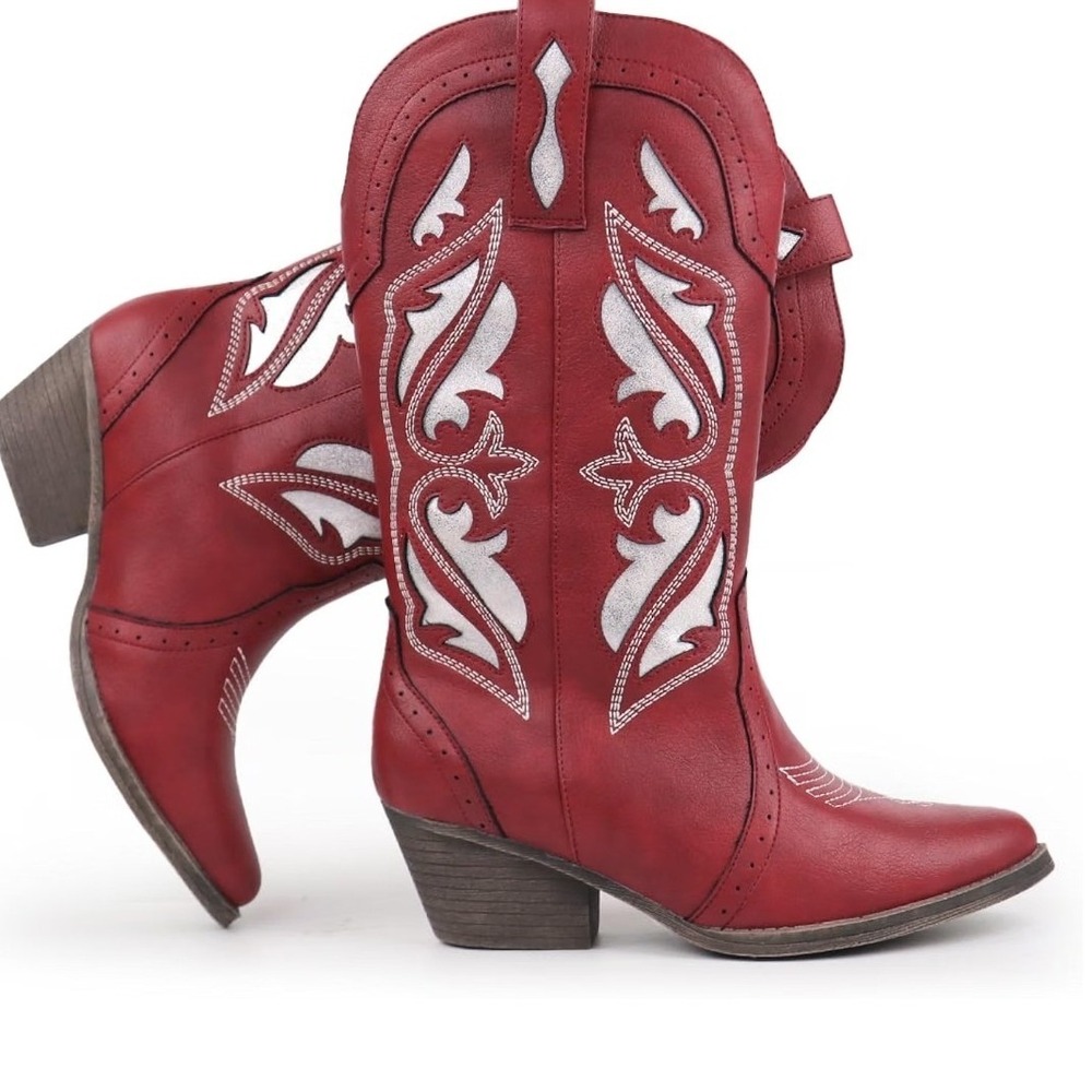 Cowboy Boots Women 9.5 Red Embroidered Western Cowgirl Pointed Toe